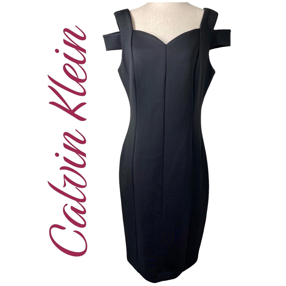 Calvin Klein Black Cold Shoulder Scuba Sheath Dress Sweetheart Neckline Size 8 - Picture 2 of 11